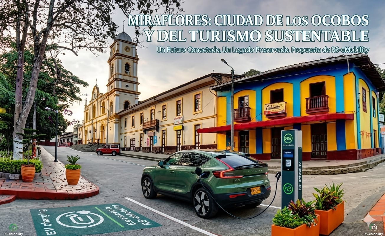 Propuesta visual de RS e-mobility para Miraflores, Boyacá, con cargador, turismo y movilidad eléctrica.